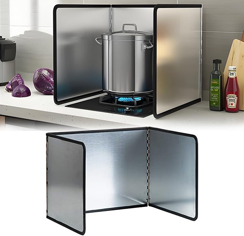 Three-sided Foldable Stainless Steel Oil Splash Guard Perfect for frying pans and kitchen sink splash prevention. High temperature resistant and heatproof. Foldable design saves storage space, an essential kitchen gadget.