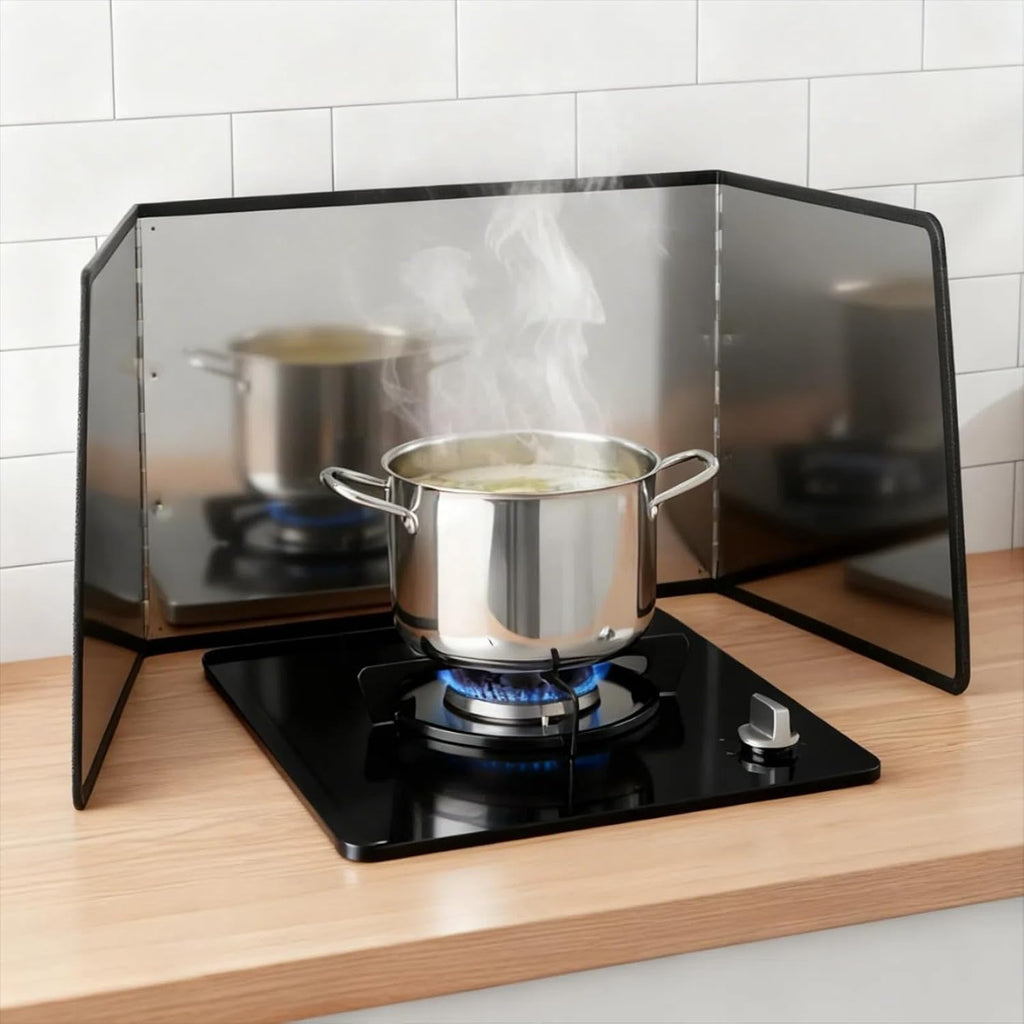 Three-sided Foldable Stainless Steel Oil Splash Guard Perfect for frying pans and kitchen sink splash prevention. High temperature resistant and heatproof. Foldable design saves storage space, an essential kitchen gadget.