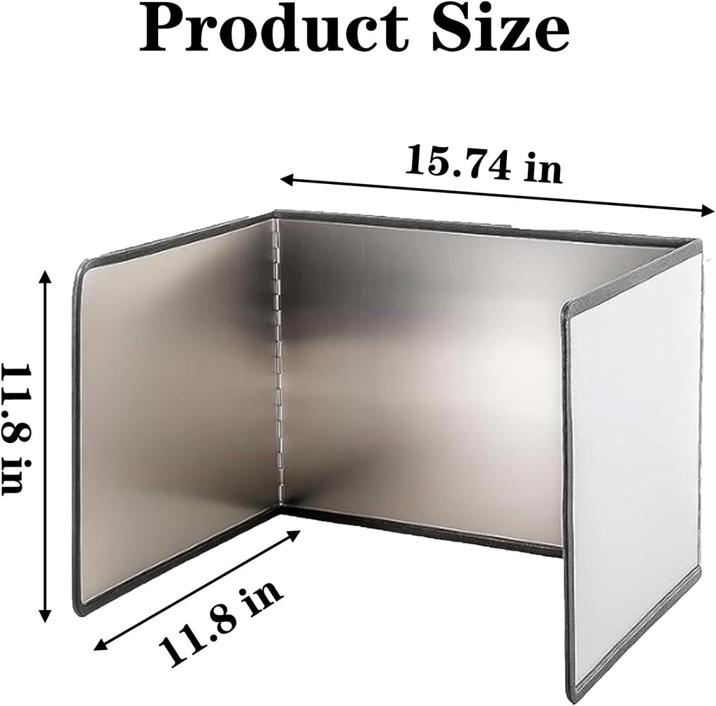 Three-sided Foldable Stainless Steel Oil Splash Guard Perfect for frying pans and kitchen sink splash prevention. High temperature resistant and heatproof. Foldable design saves storage space, an essential kitchen gadget.