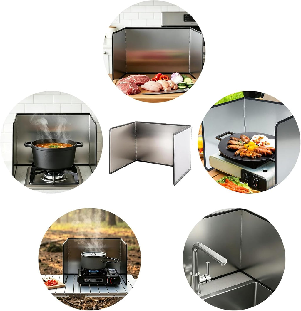 Three-sided Foldable Stainless Steel Oil Splash Guard Perfect for frying pans and kitchen sink splash prevention. High temperature resistant and heatproof. Foldable design saves storage space, an essential kitchen gadget.