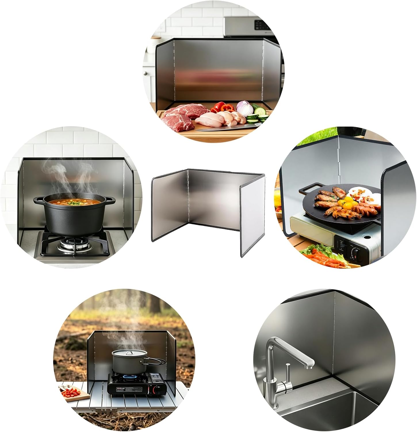 Three-sided Foldable Stainless Steel Oil Splash Guard Perfect for frying pans and kitchen sink splash prevention. High temperature resistant and heatproof. Foldable design saves storage space, an essential kitchen gadget.