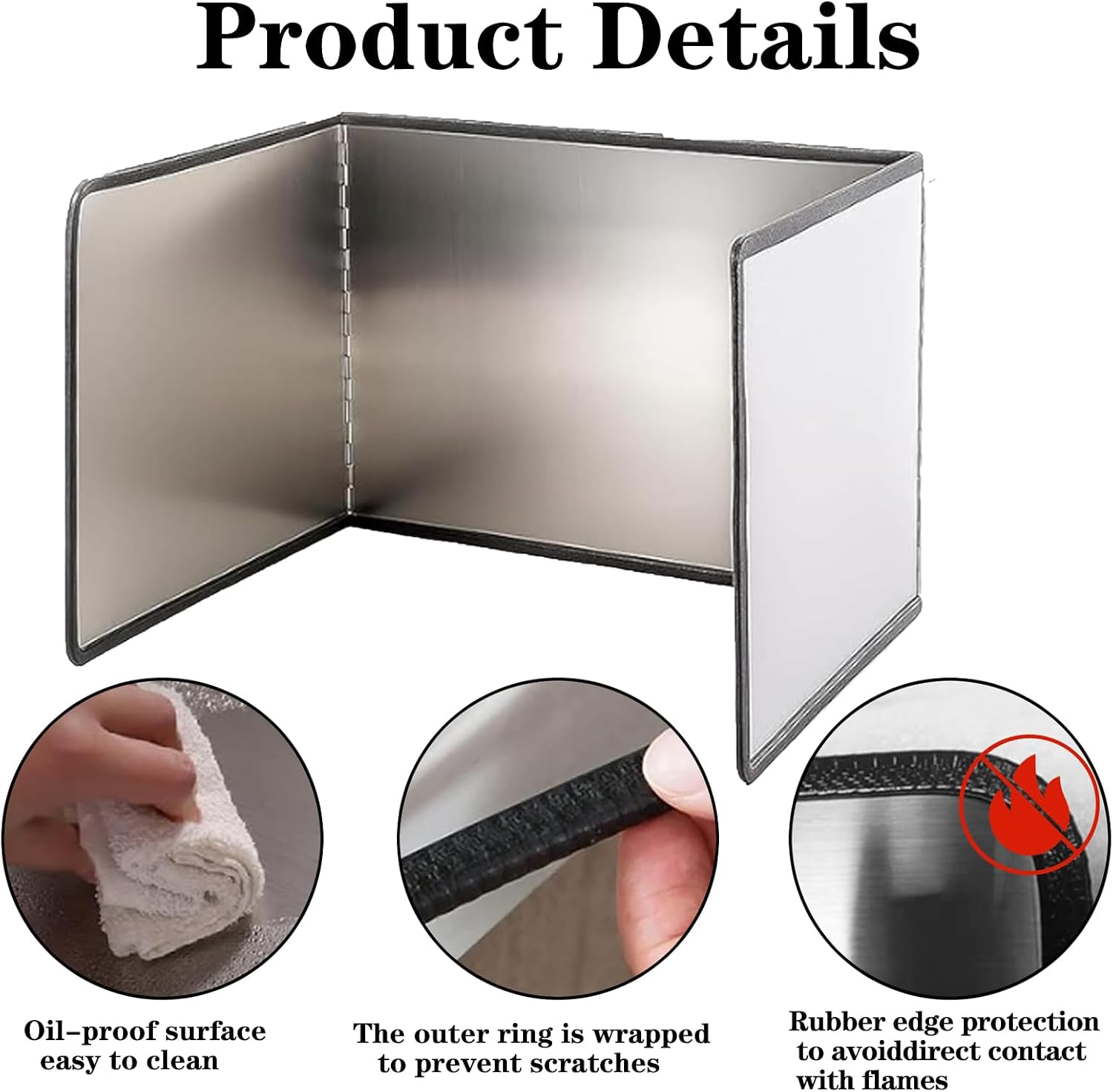 Three-sided Foldable Stainless Steel Oil Splash Guard Perfect for frying pans and kitchen sink splash prevention. High temperature resistant and heatproof. Foldable design saves storage space, an essential kitchen gadget.