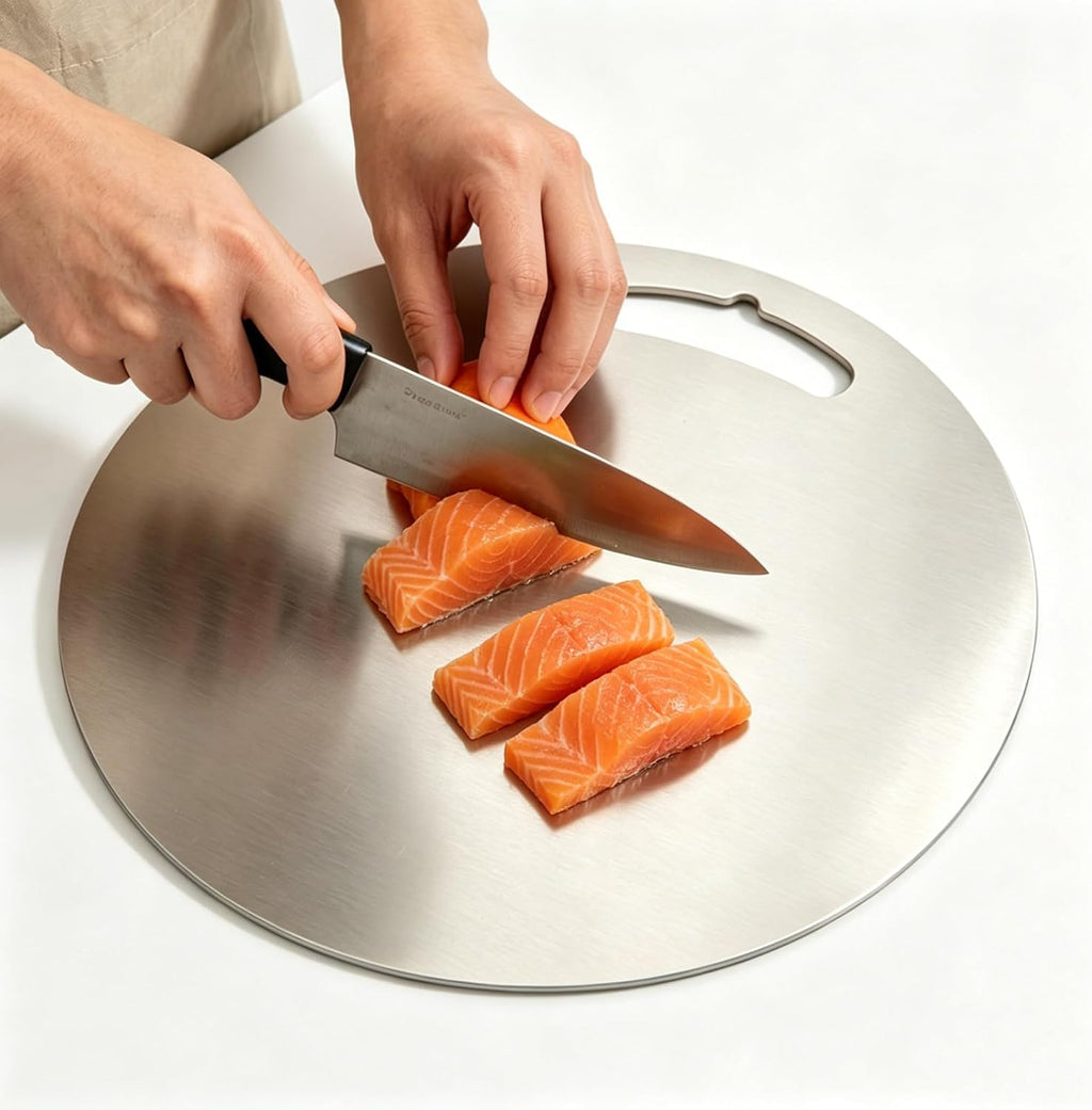 304 stainless steel cutting board mat, heavy-duty solid round double-sided metal chopping board. Non-stick, dishwasher safe. For meat, vegetables, bread, dough kneading