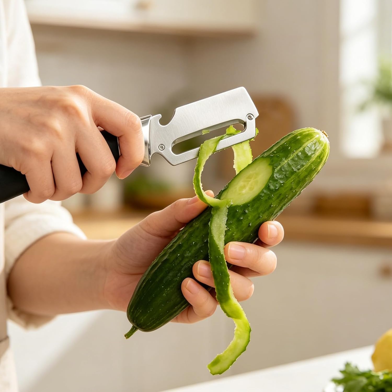 Vegetable Peeler with Stainless Steel Blade & Bottle Opener, Multi‑Use Fruit and Potato Peeler for Apples, Potatoes, Carrots, Pumpkin & Zucchini – Easy Grip Kitchen Tool (Silver/1 piece)