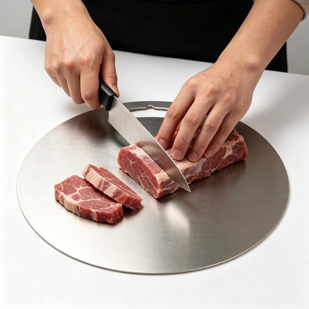 304 stainless steel cutting board mat, heavy-duty solid round double-sided metal chopping board. Non-stick, dishwasher safe. For meat, vegetables, bread, dough kneading