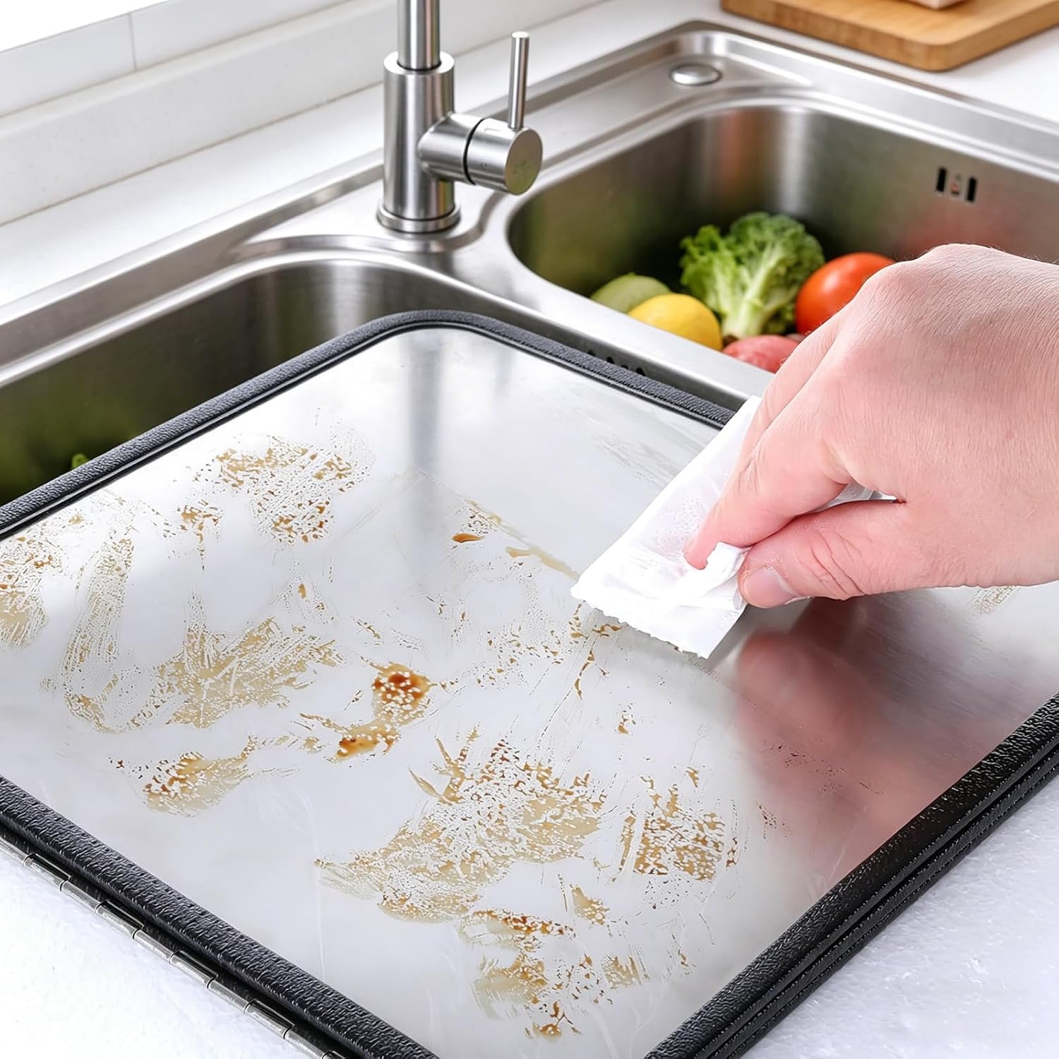 Three-sided Foldable Stainless Steel Oil Splash Guard Perfect for frying pans and kitchen sink splash prevention. High temperature resistant and heatproof. Foldable design saves storage space, an essential kitchen gadget.